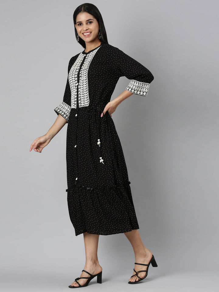 Neerus Black embroidered straight kurti - back view