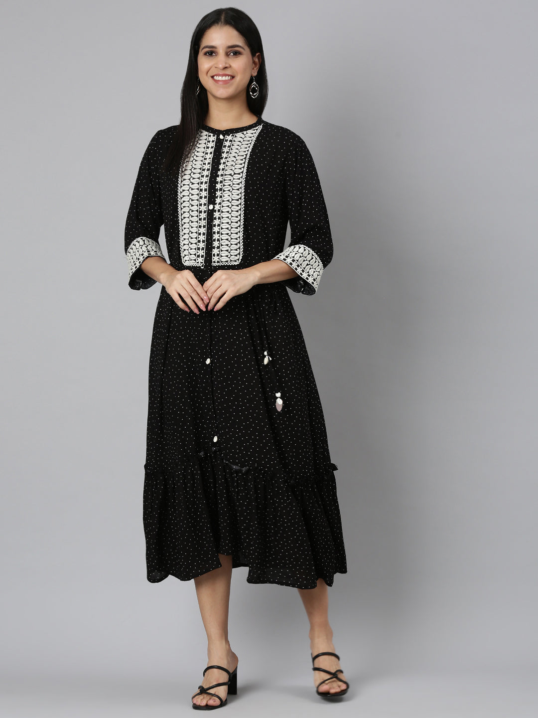 Neerus Black embroidered straight kurti - detail view 2