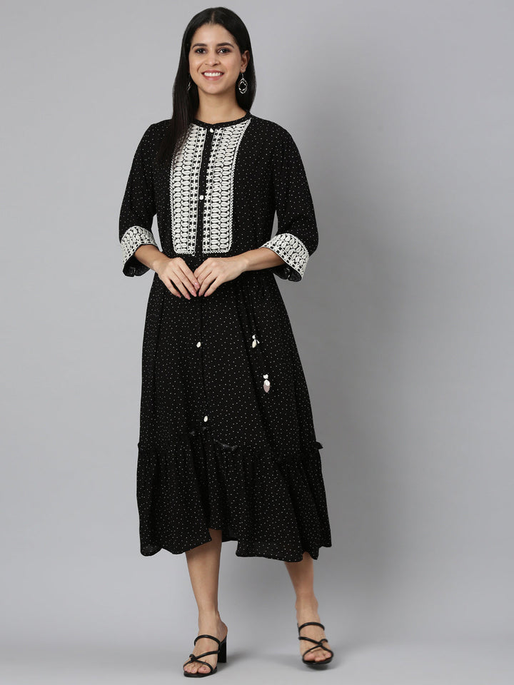 Neerus Black embroidered straight kurti - detail view 2