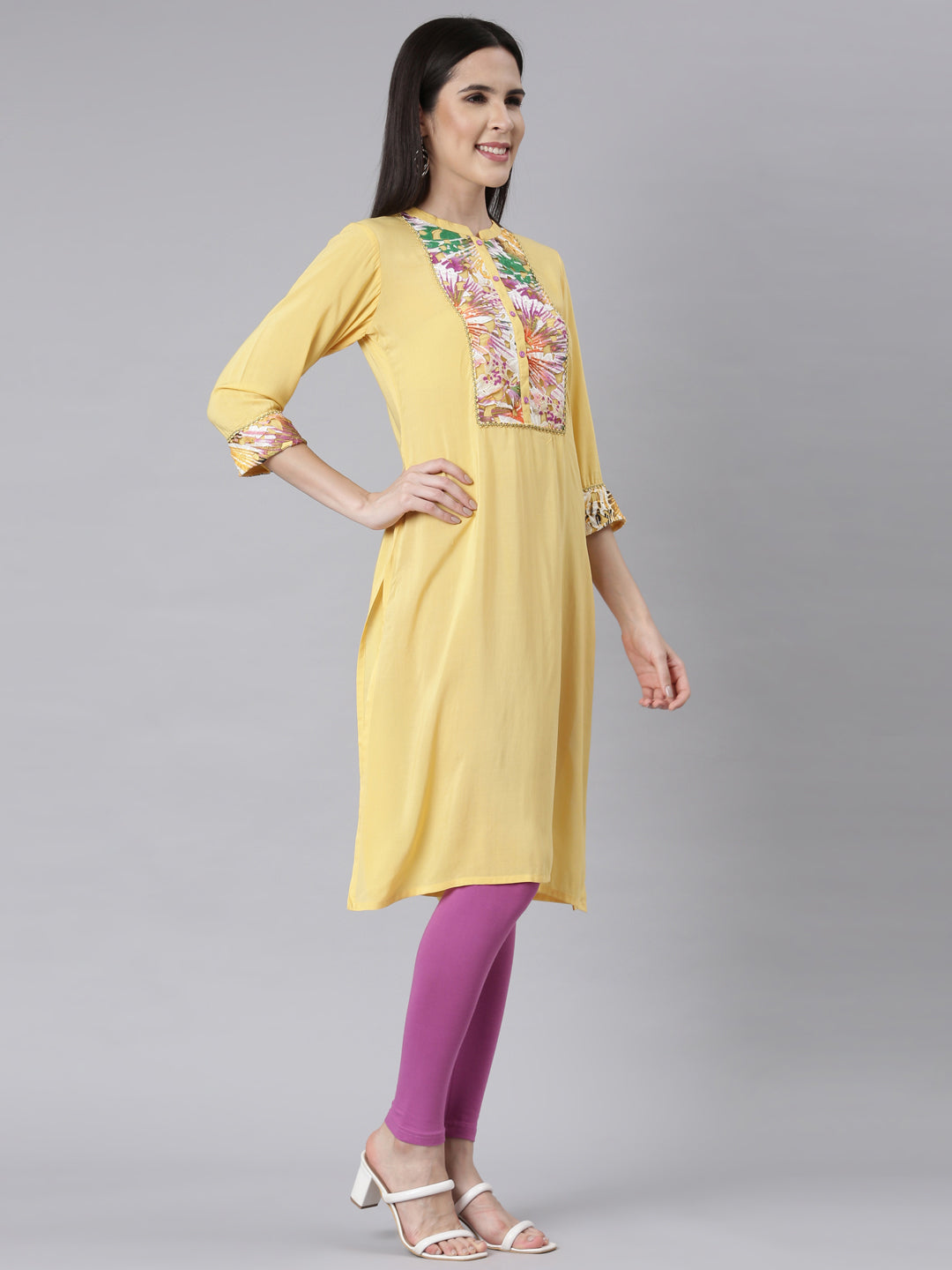 Neerus Yellow Rayon Embellished Straight Kurti - back view