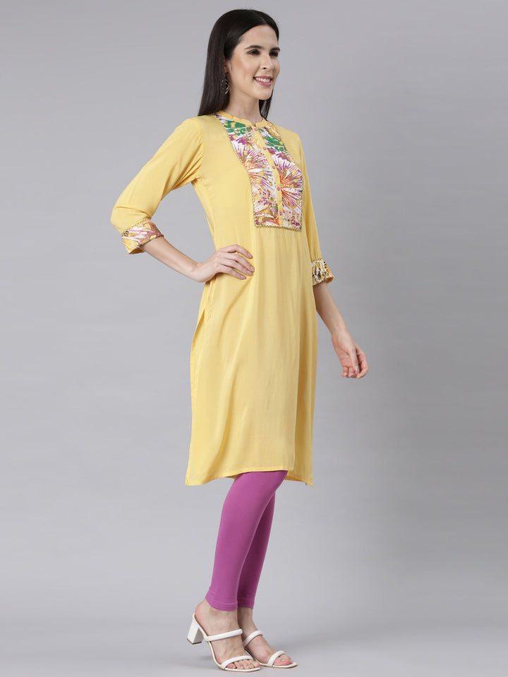 Neerus Yellow Rayon Embellished Straight Kurti - back view