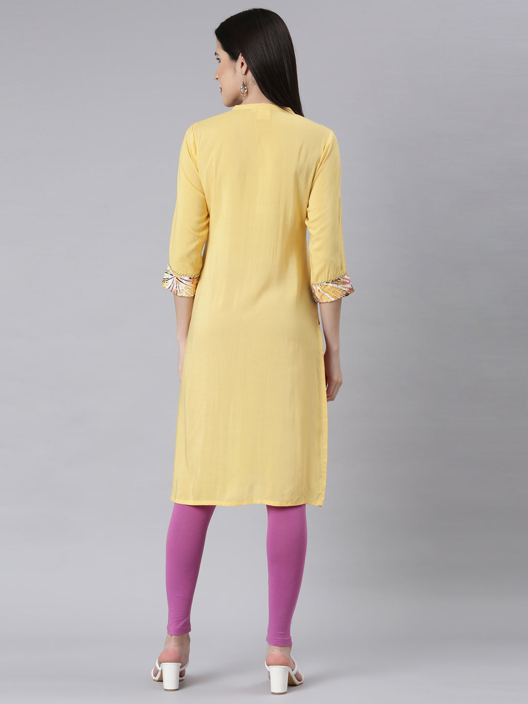 Neerus Yellow Rayon Embellished Straight Kurti - side view