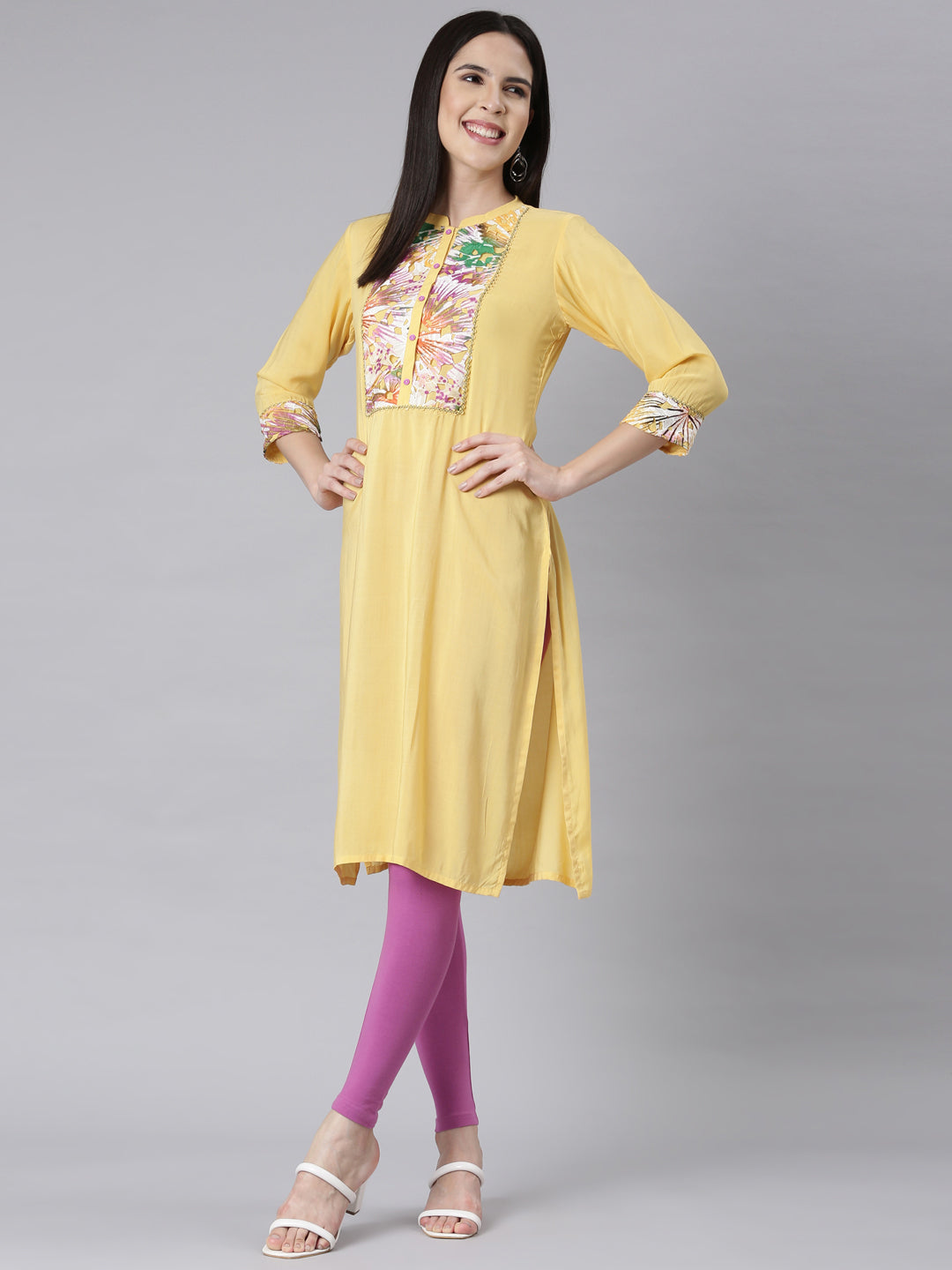 Neerus Yellow Rayon Embellished Straight Kurti - detail view 1