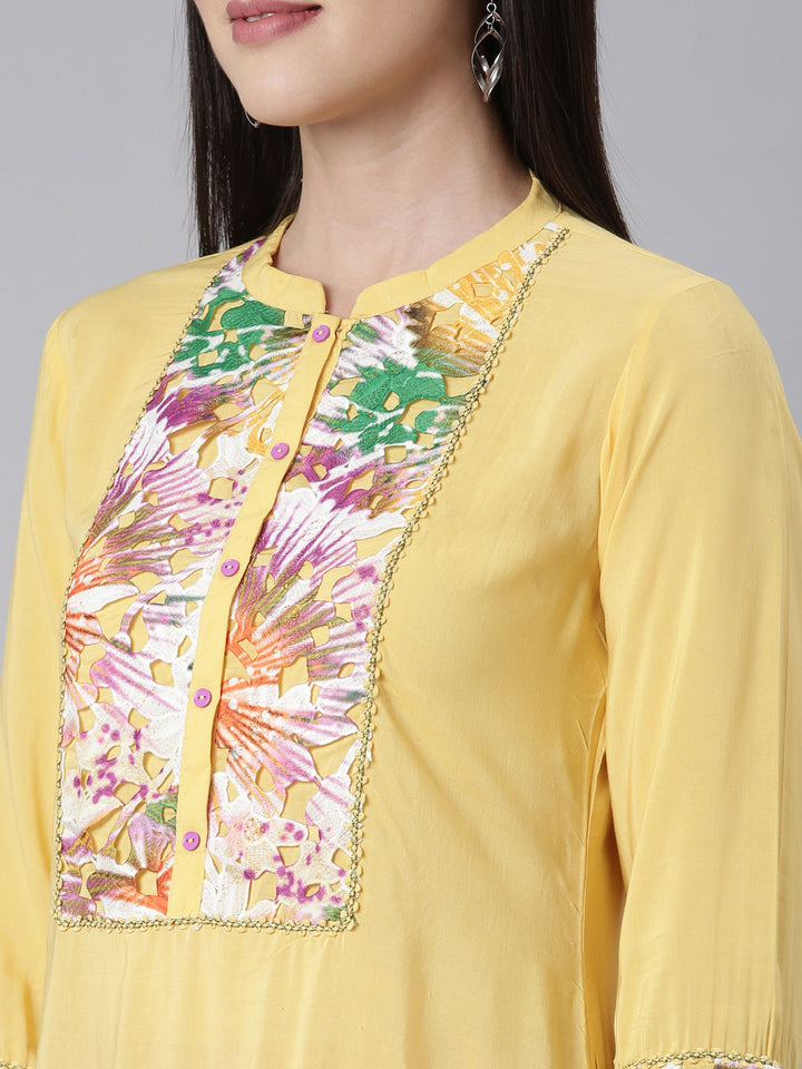 Neerus Yellow Rayon Embellished Straight Kurti - detail view 2