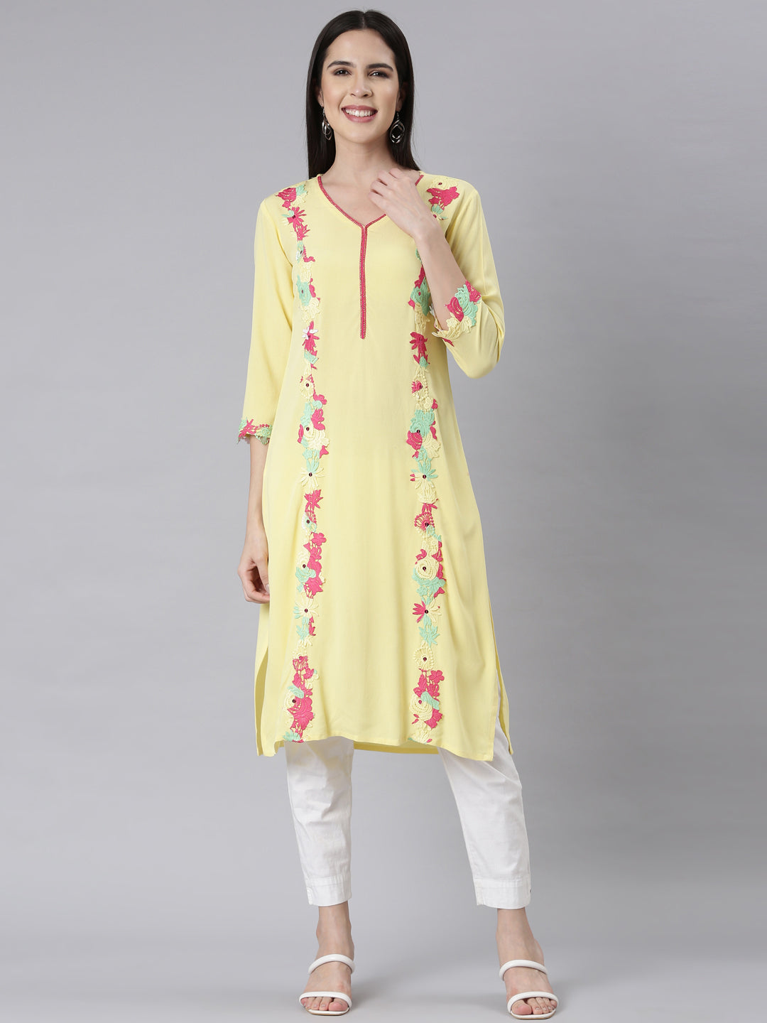 Neerus Yellow chiffon embellished straight kurti - front view