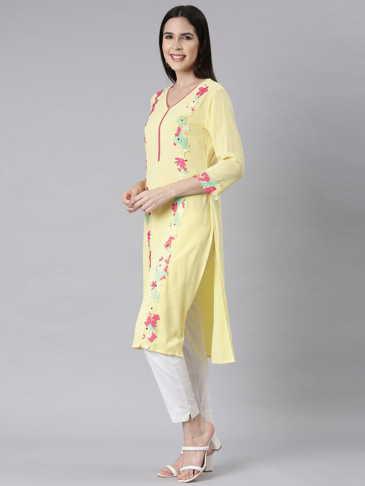 Neerus Yellow chiffon embellished straight kurti - back view
