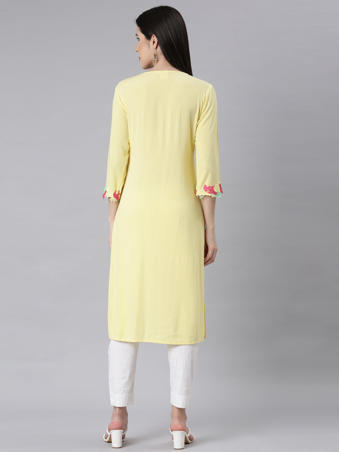 Neerus Yellow chiffon embellished straight kurti - side view