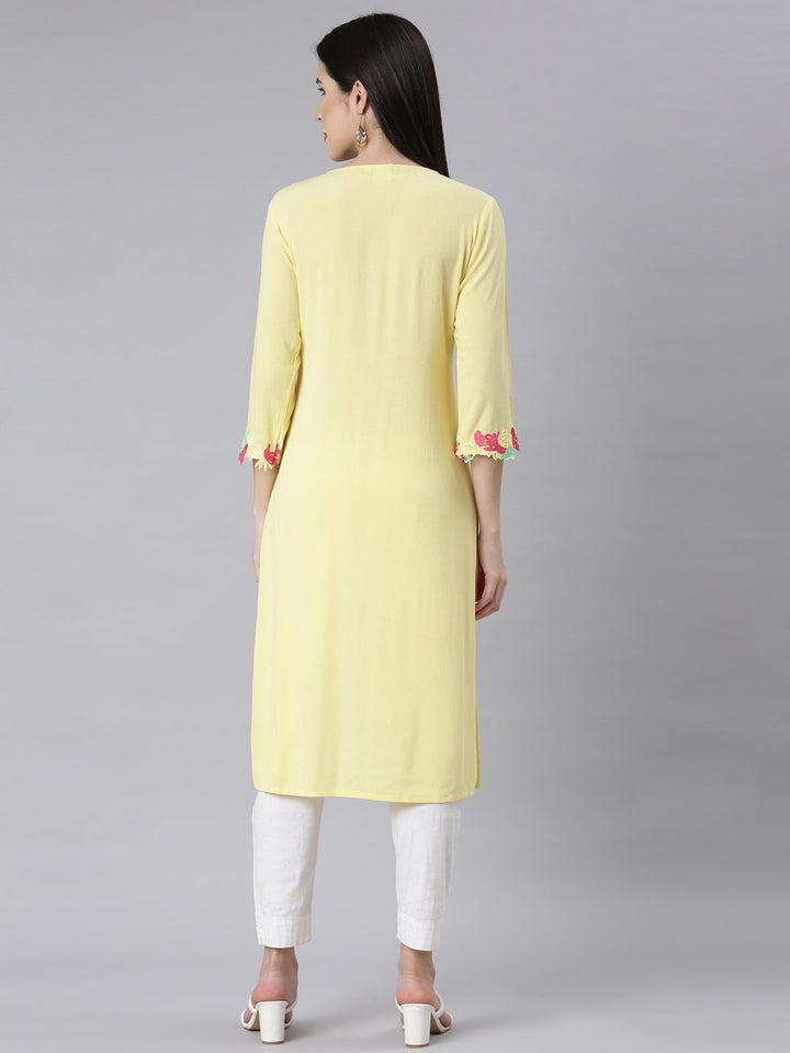 Neerus Yellow chiffon embellished straight kurti - side view
