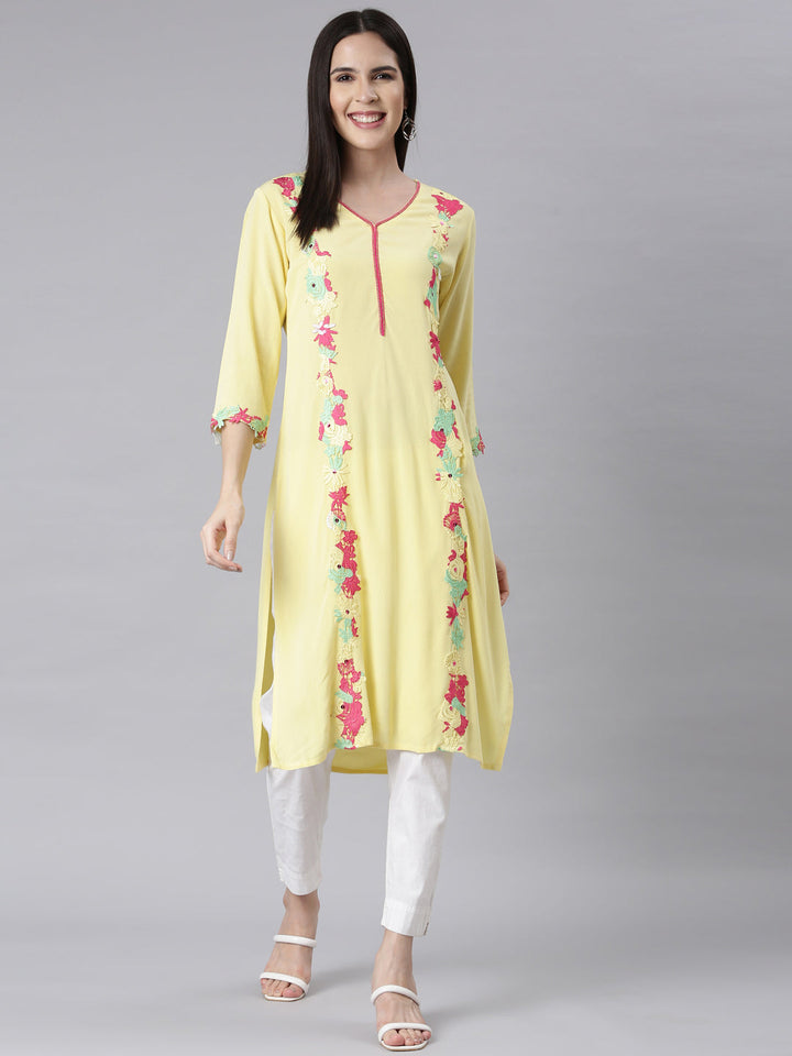 Neerus Yellow chiffon embellished straight kurti - detail view 1
