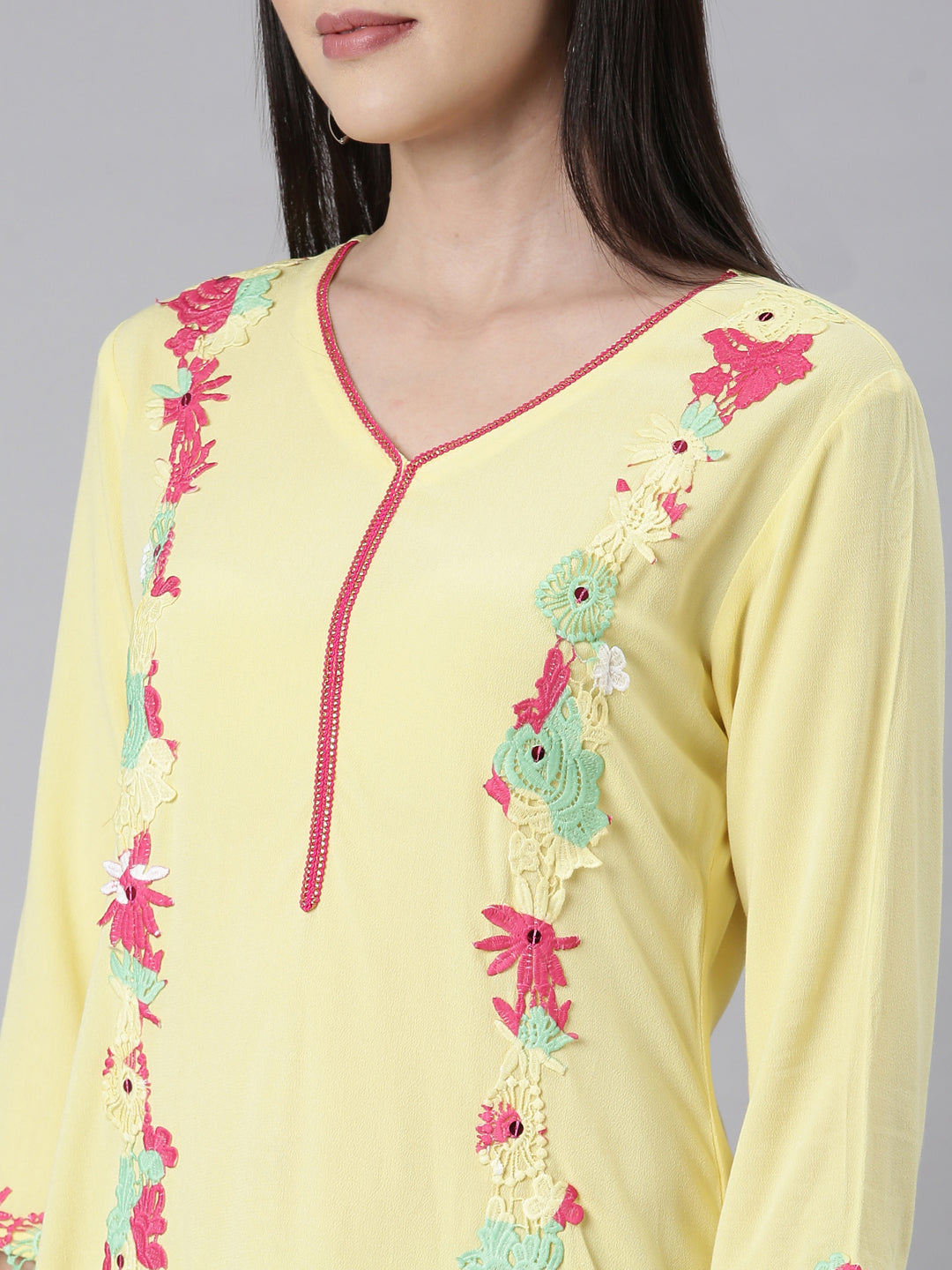 Neerus Yellow chiffon embellished straight kurti - detail view 2