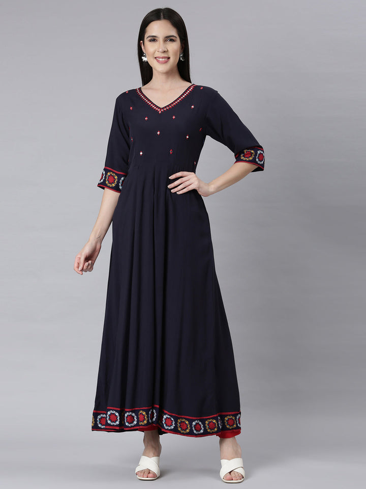 Neerus Blue embellished anarkali kurti panelled - front view