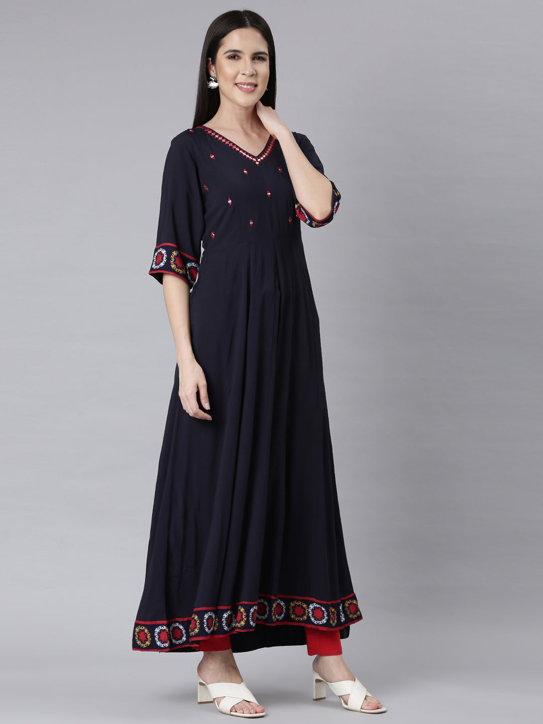 Neerus Blue embellished anarkali kurti panelled - back view