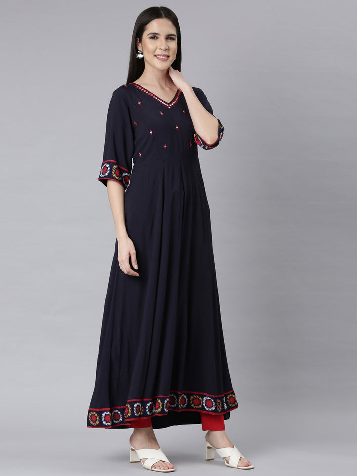 Neerus Blue embellished anarkali kurti panelled - back view