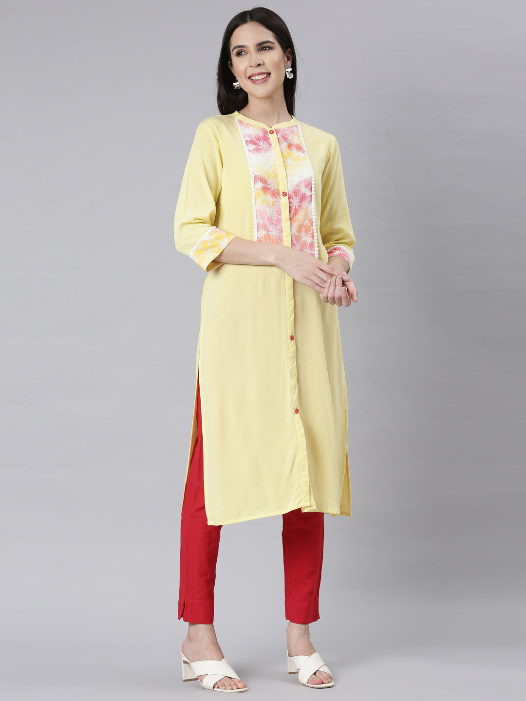 Neerus Yellow chiffon printed floral straight kurti - front view