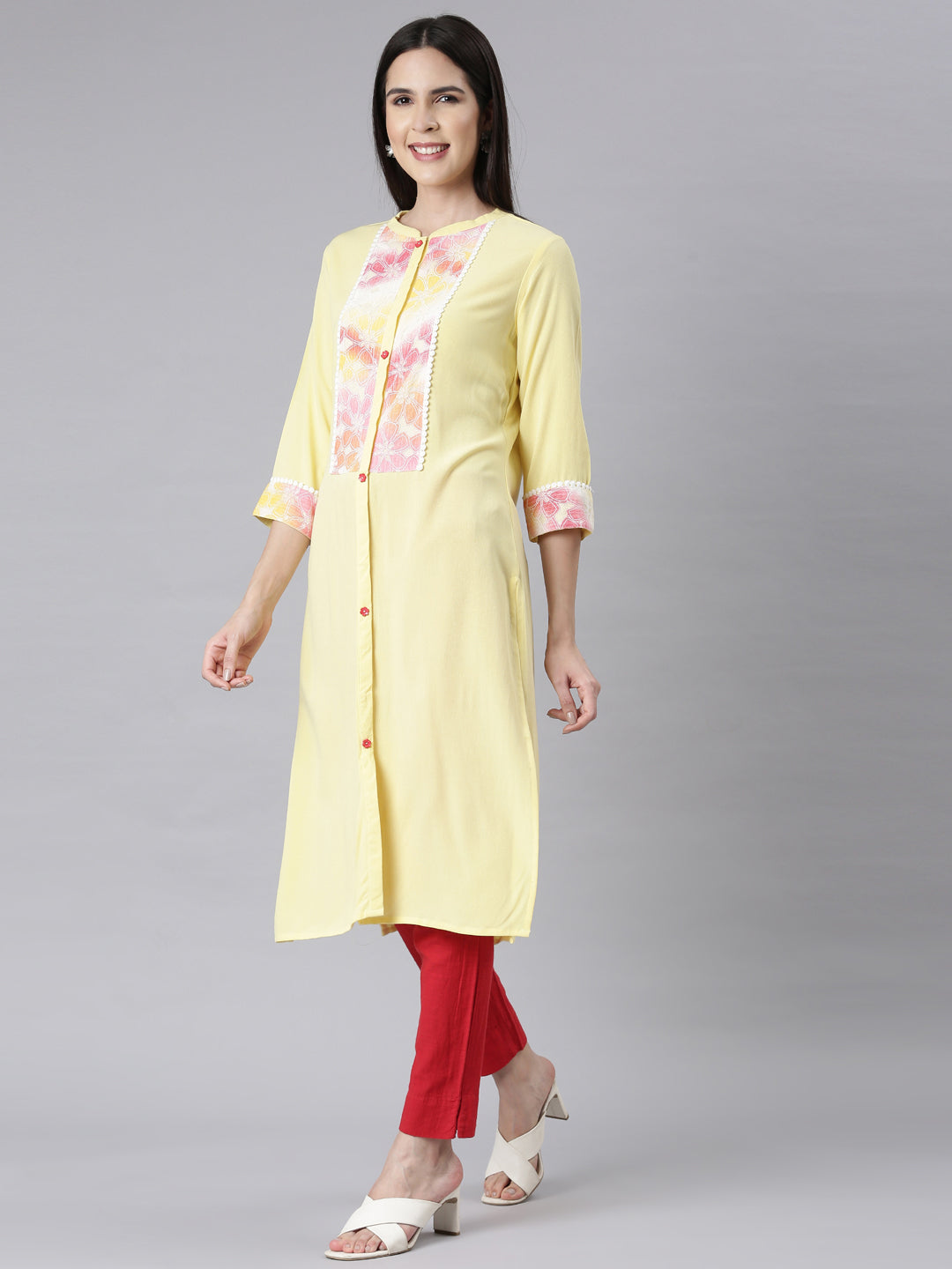 Neerus Yellow chiffon printed floral straight kurti - back view