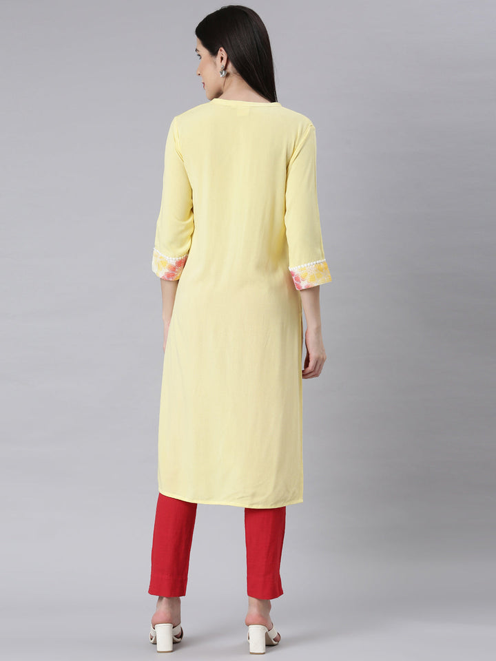 Neerus Yellow chiffon printed floral straight kurti - side view