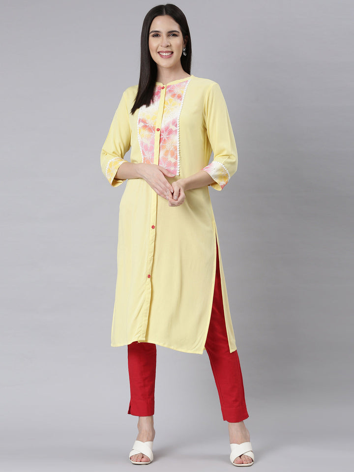 Neerus Yellow chiffon printed floral straight kurti - detail view 1