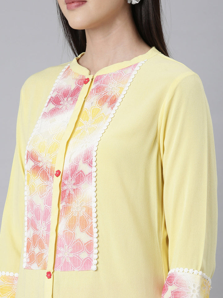 Neerus Yellow chiffon printed floral straight kurti - detail view 2