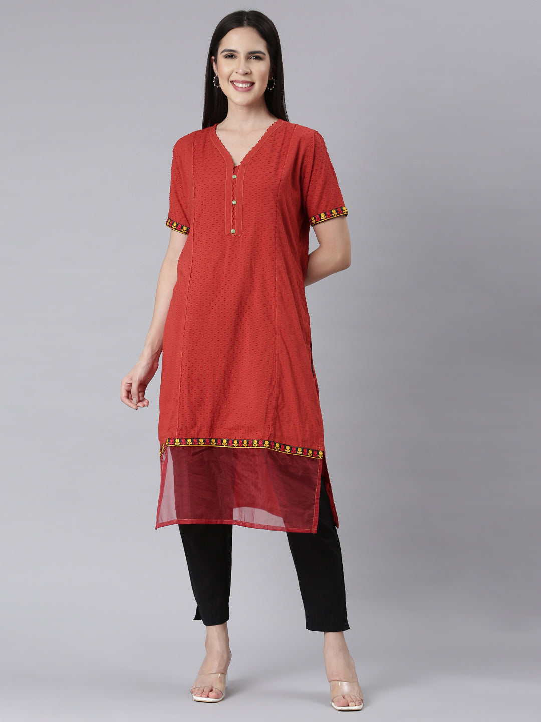 Neerus Orange cotton Bandhani printed straight kurti - front view