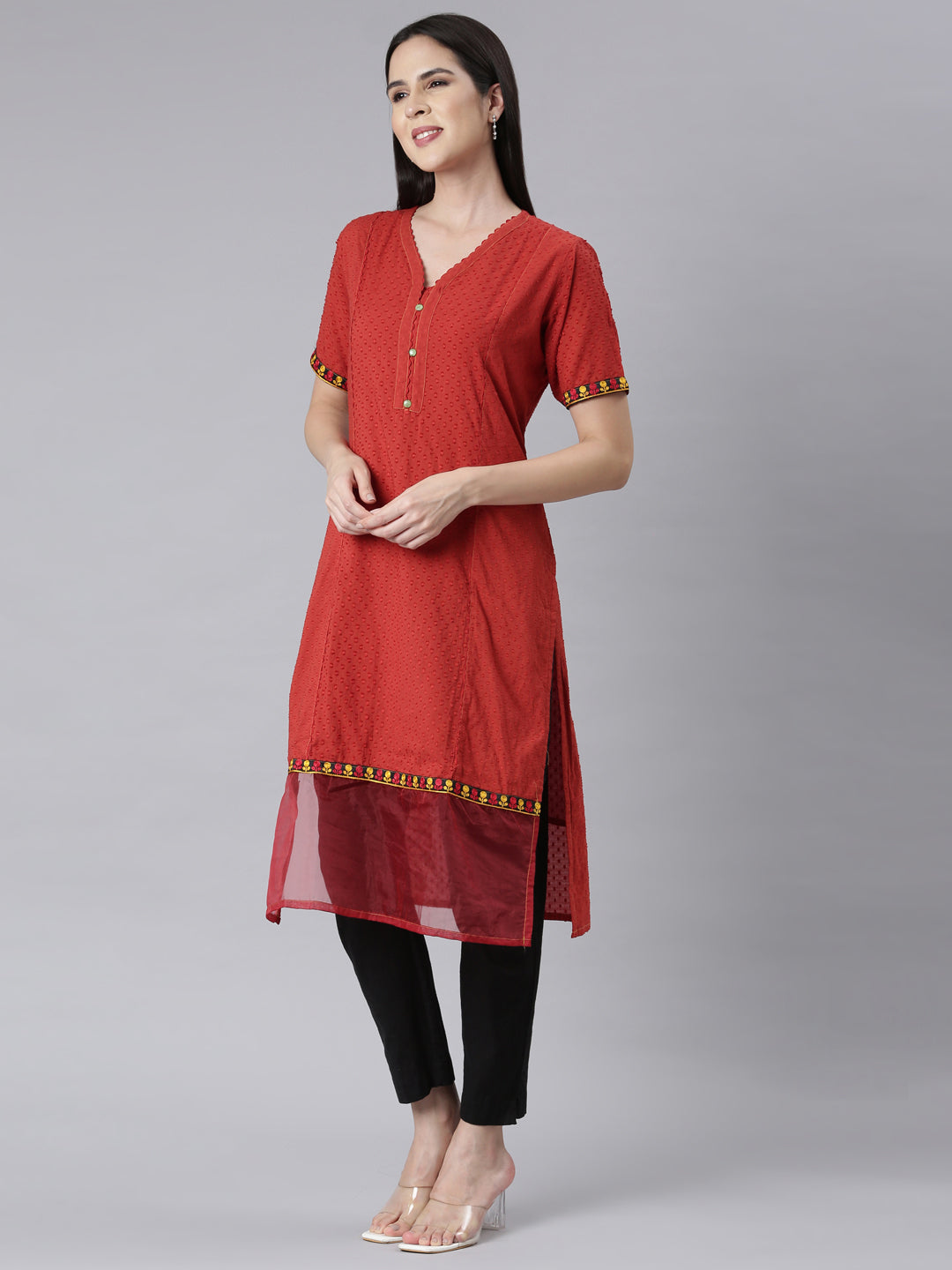 Neerus Orange cotton Bandhani printed straight kurti - back view