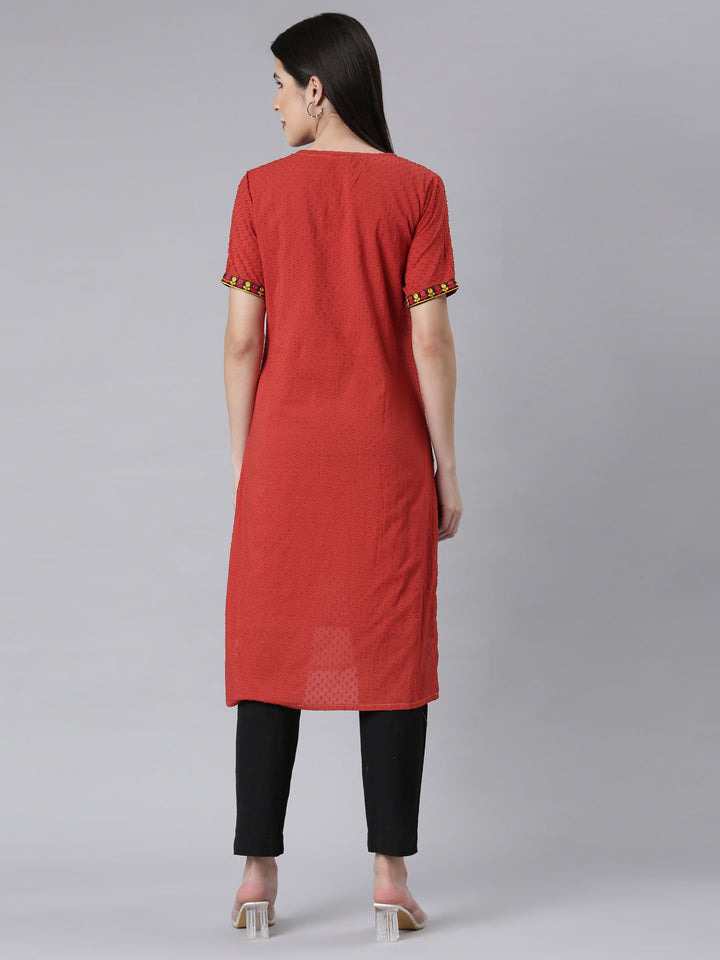 Neerus Orange cotton Bandhani printed straight kurti - side view