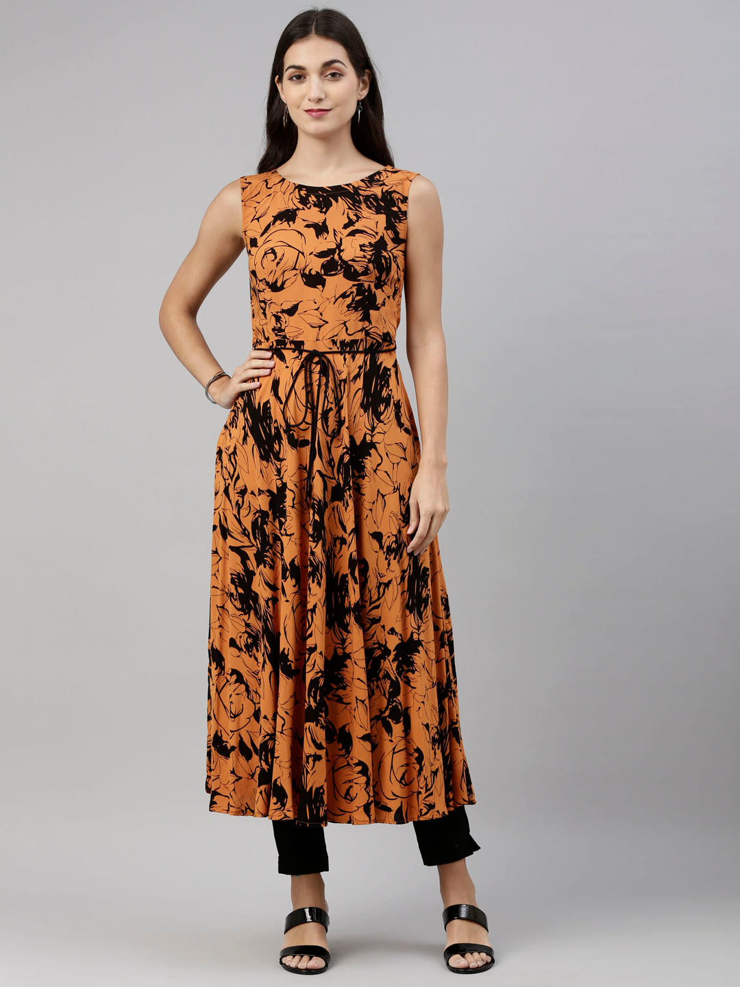 Neerus Orange rayon solid tunic dress - front view