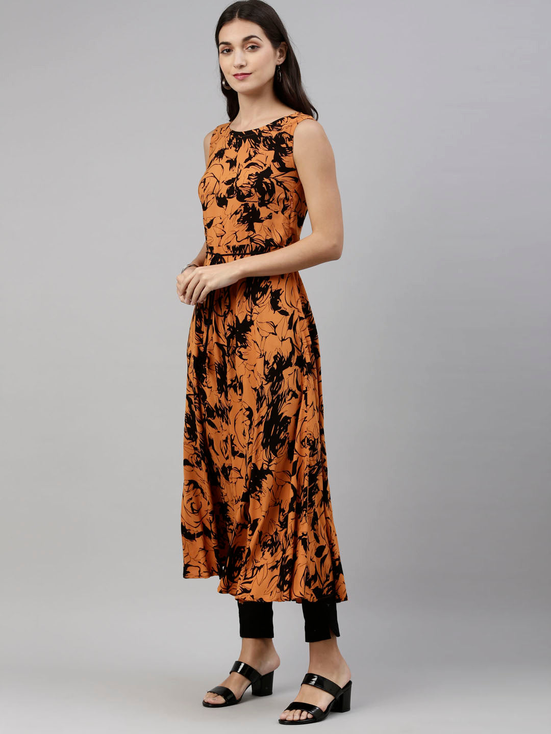 Neerus Orange rayon solid tunic dress - side view