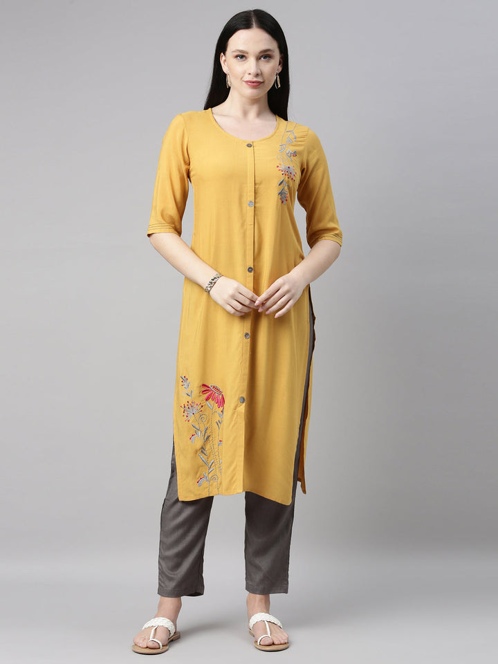 Neerus Yellow Viscose Rayon Embroidered Kurta Set - front view