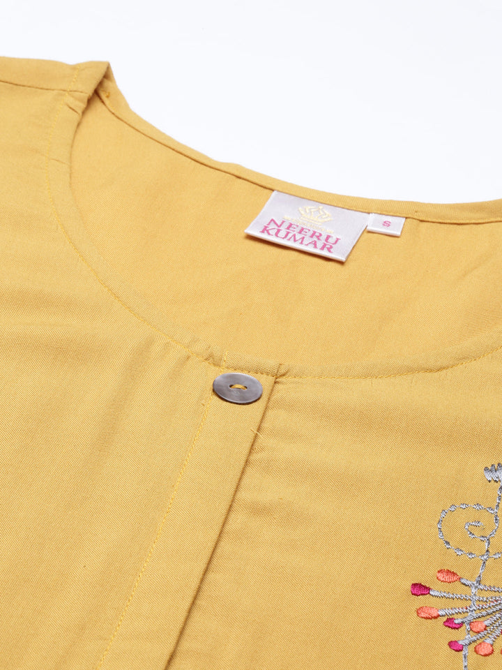 Neerus Yellow Viscose Rayon Embroidered Kurta Set - back view