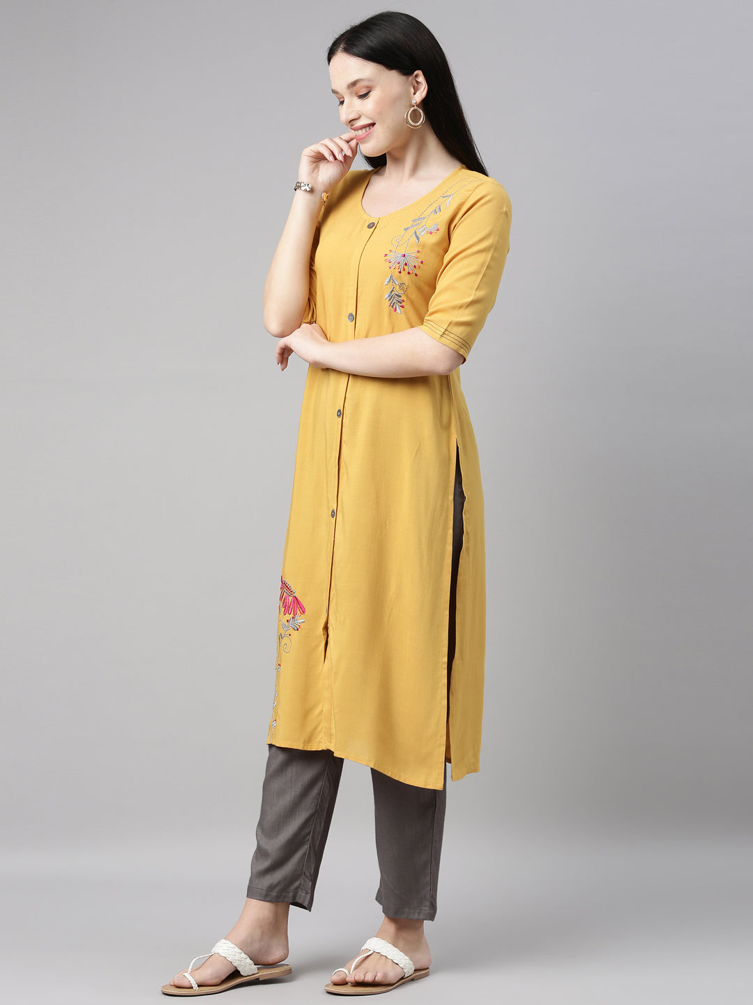 Neerus Yellow Viscose Rayon Embroidered Kurta Set - side view