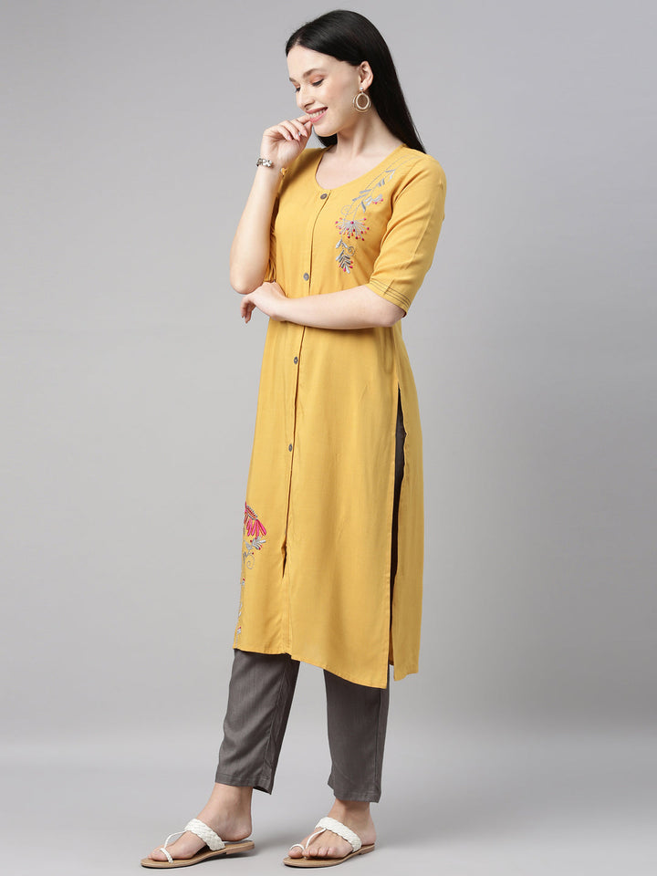 Neerus Yellow Viscose Rayon Embroidered Kurta Set - side view