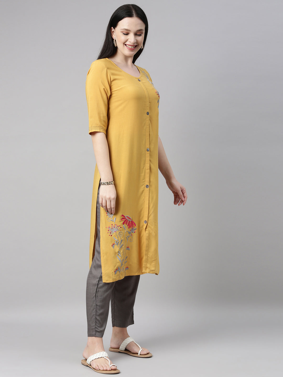 Neerus Yellow Viscose Rayon Embroidered Kurta Set - detail view 1