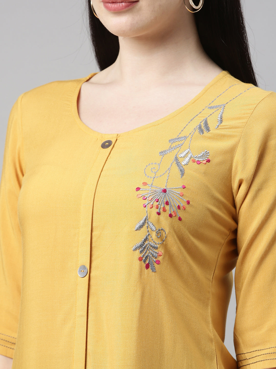 Neerus Yellow Viscose Rayon Embroidered Kurta Set - detail view 5