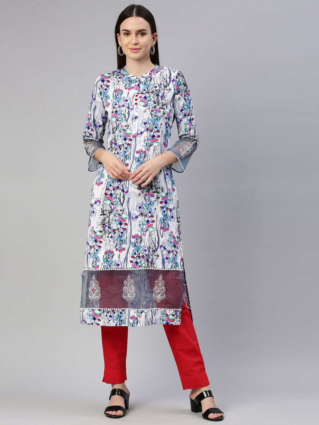 Neerus White rayon solid kurta - detail view 6