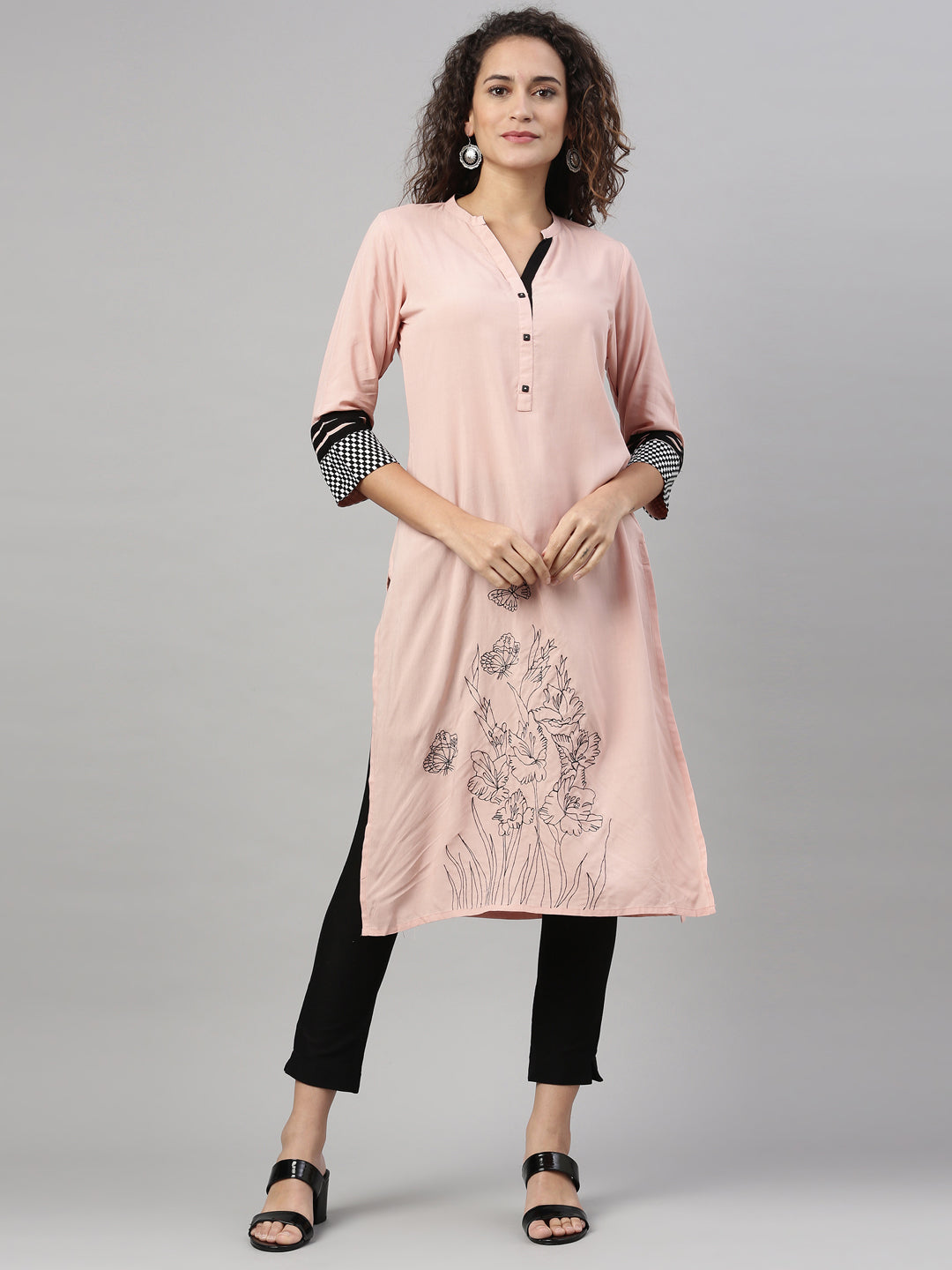 Neerus Orange rayon printed straight kurti - detail view 4