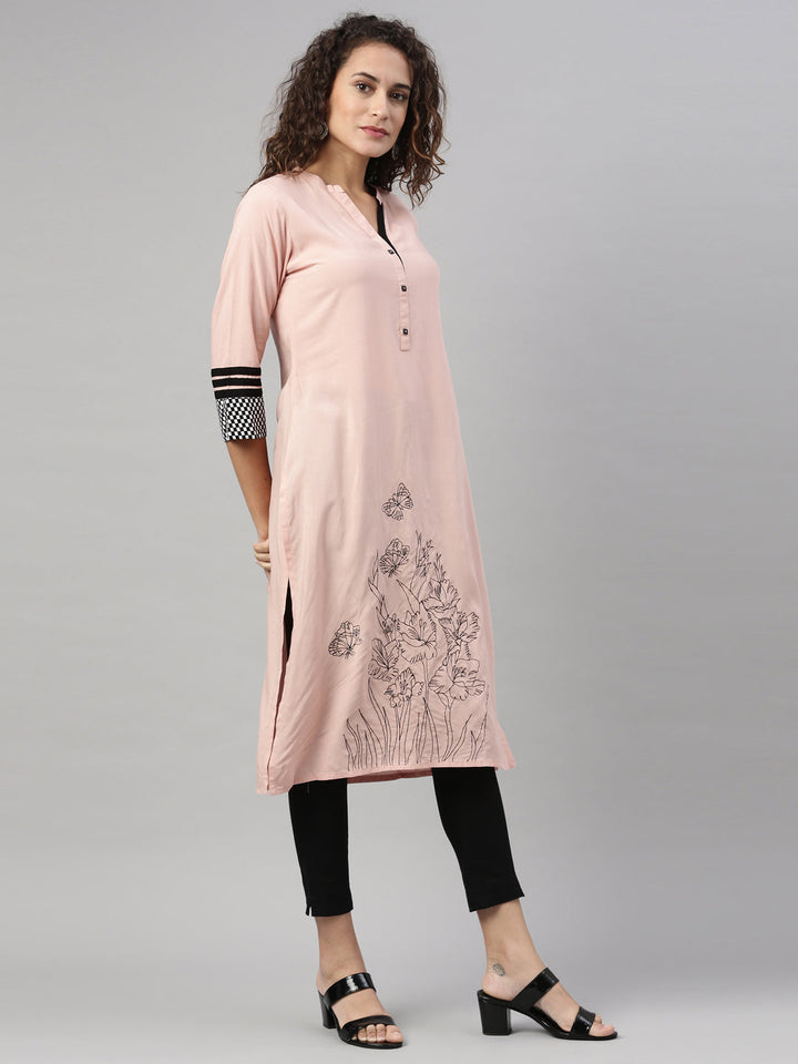Neerus Orange rayon printed straight kurti - front view