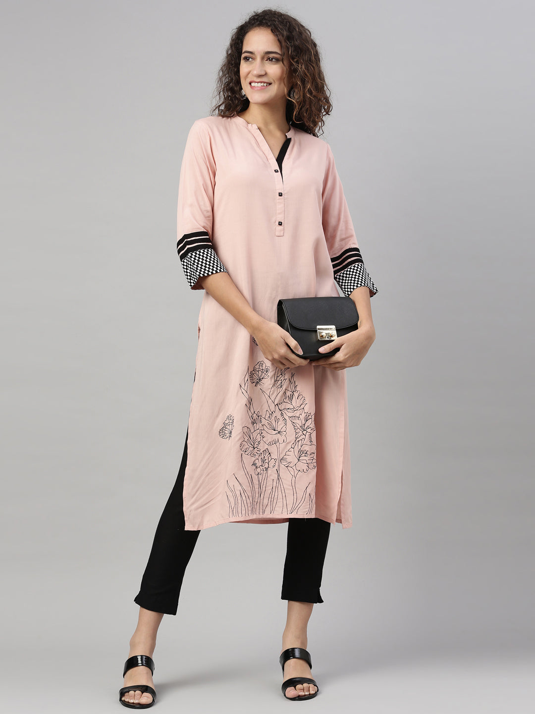 Neerus Orange rayon printed straight kurti - detail view 1