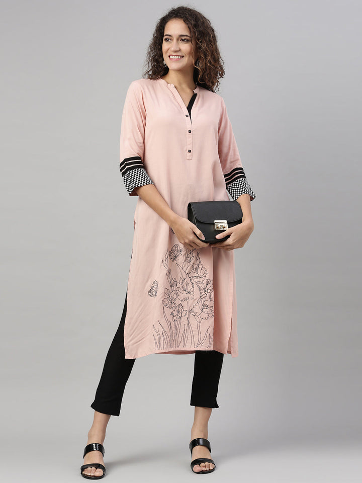 Neerus Orange rayon printed straight kurti - detail view 1