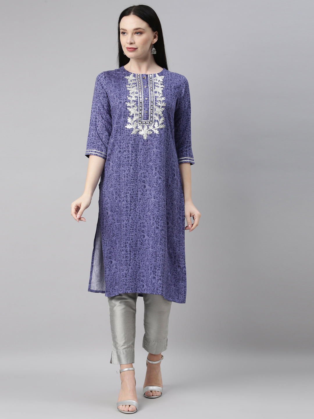 Neerus Blue printed straight kurti - front view