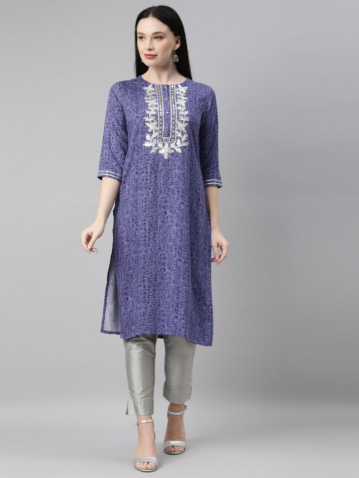 Neerus Blue printed straight kurti - front view