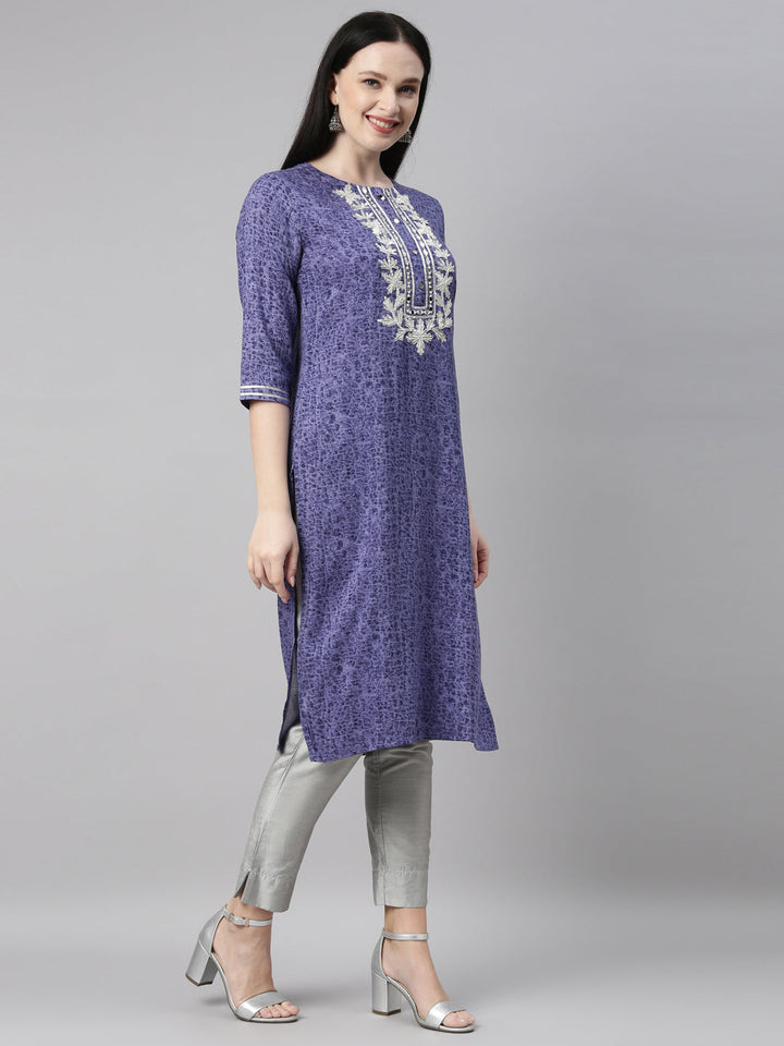 Neerus Blue printed straight kurti - detail view 1