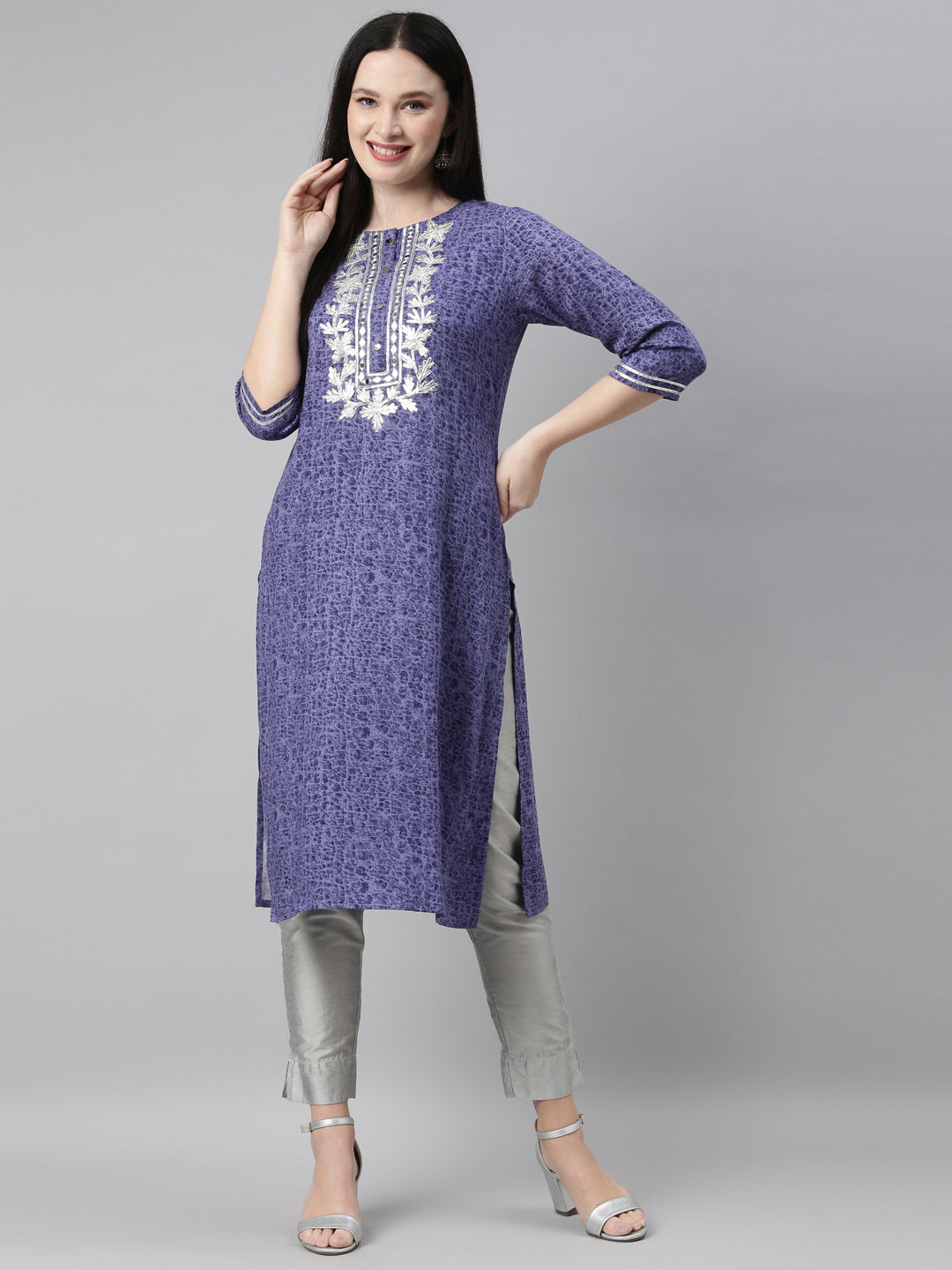 Neerus Blue printed straight kurti - detail view 3