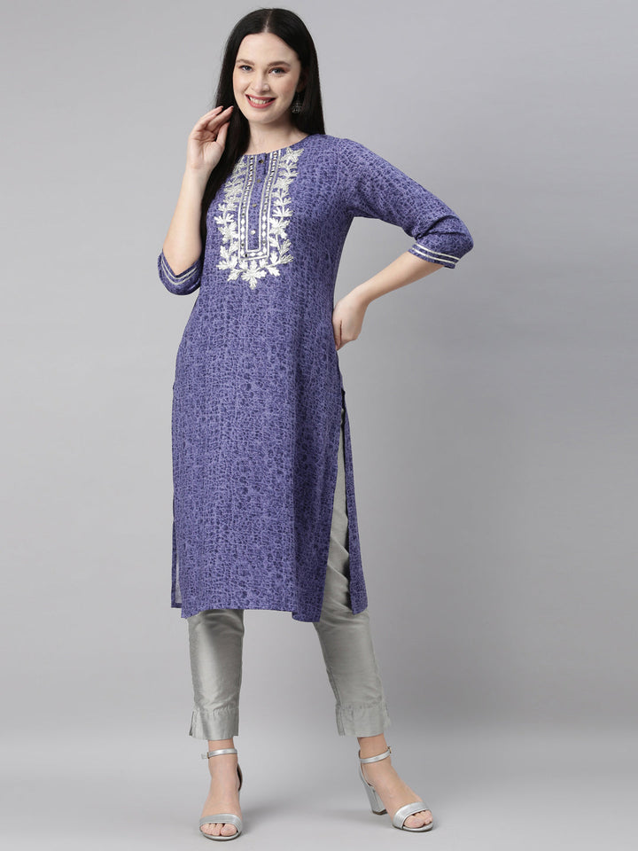 Neerus Blue printed straight kurti - detail view 3