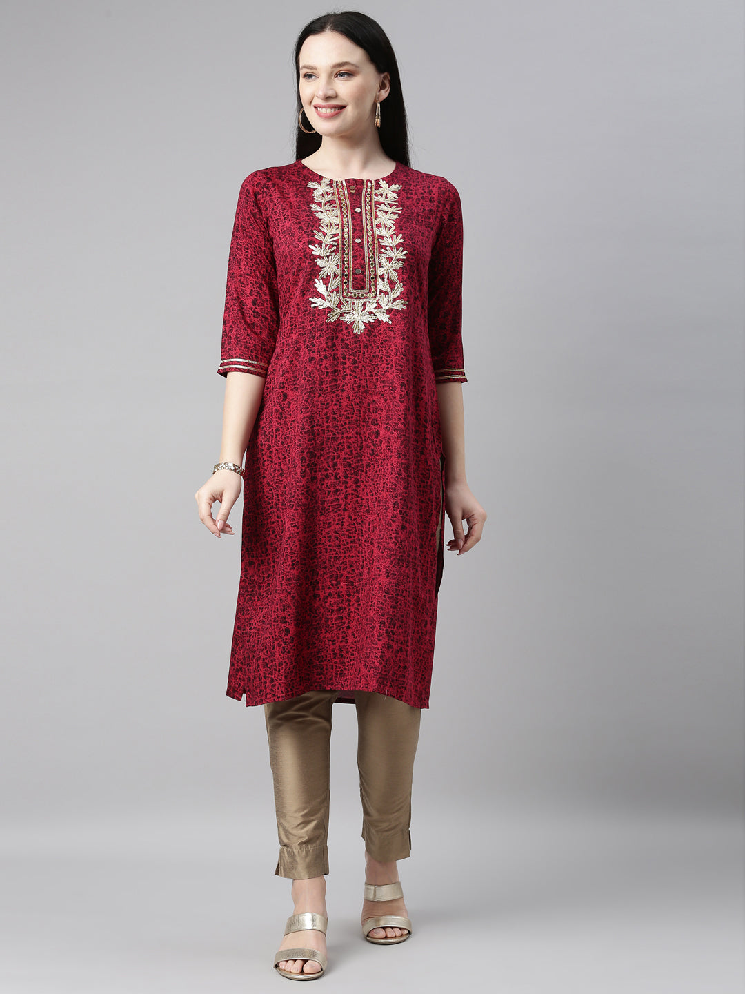 Neerus Pink cotton printed kurti straight silhouette - front view