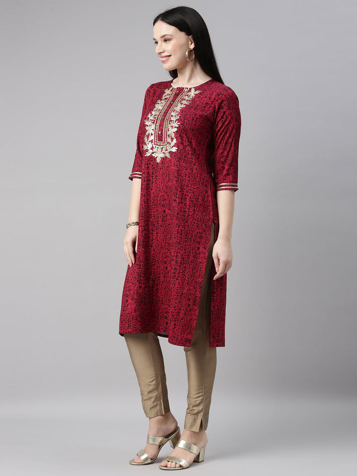 Neerus Pink cotton printed kurti straight silhouette - back view
