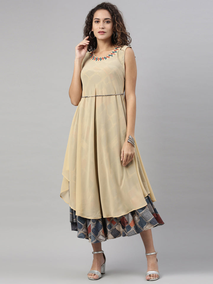 Neerus Beige georgette mirror work kurti - detail view 3