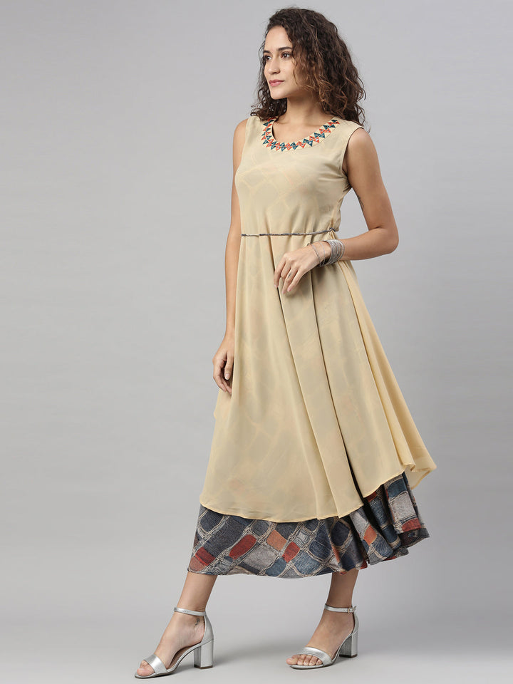Neerus Beige georgette mirror work kurti - front view