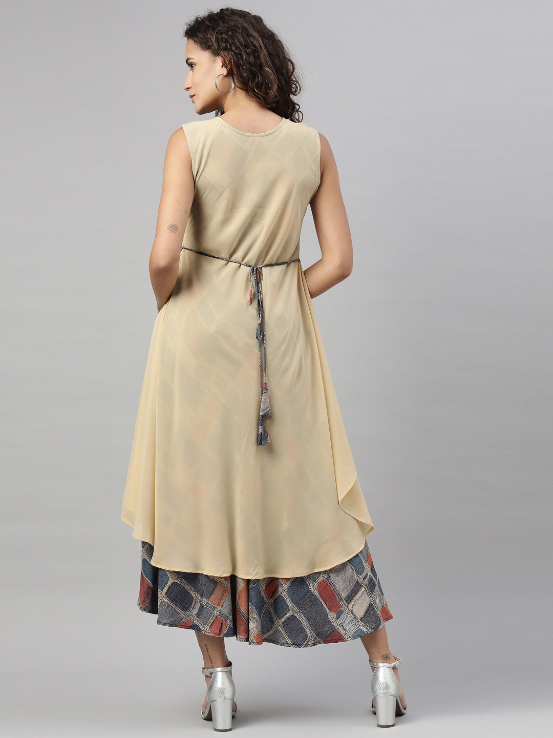 Neerus Beige georgette mirror work kurti - back view
