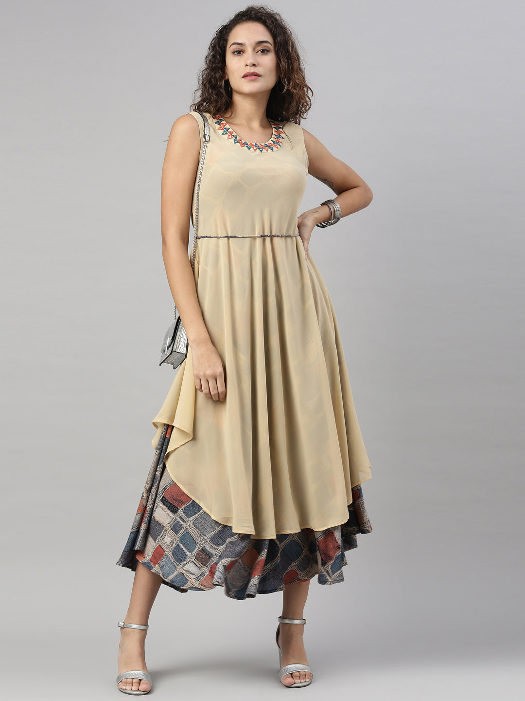 Neerus Beige georgette mirror work kurti - detail view 1