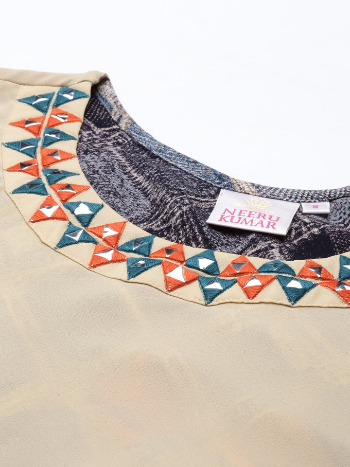 Neerus Beige georgette mirror work kurti - detail view 2